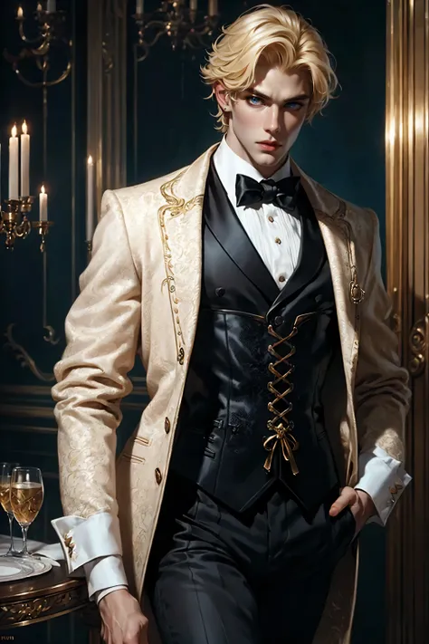 Best quality, masterpiece, very detailed, HD, gorgeous man, short blonde hair, (solo), realistic, sexy physique, movie, Parisian man, dapper man, (male focus), lace-up corset, pants, cane, costume party, 8k