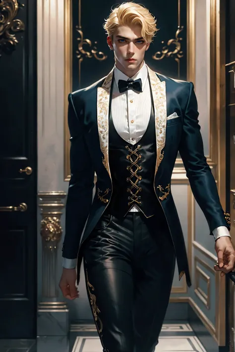 Best quality, masterpiece, very detailed, HD, gorgeous man, short blonde hair, (solo), realistic, sexy physique, movie, Parisian man, dapper man, (male focus), lace-up corset, pants, cane, costume party, 8k