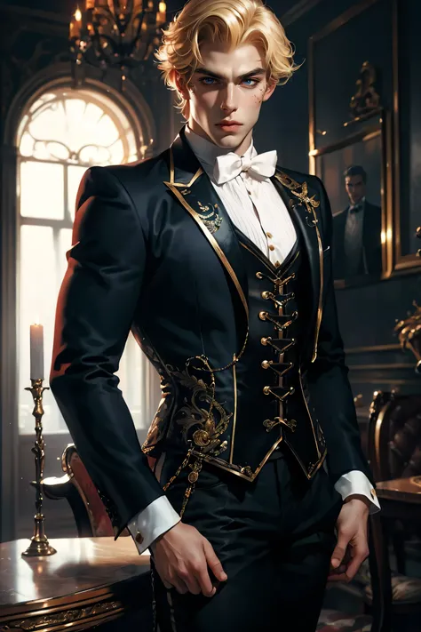 Best quality, masterpiece, very detailed, HD, gorgeous man, short blonde hair, (solo), realistic, sexy physique, movie, Parisian man, dapper man, (male focus), lace-up corset, pants, cane, costume party, 8k