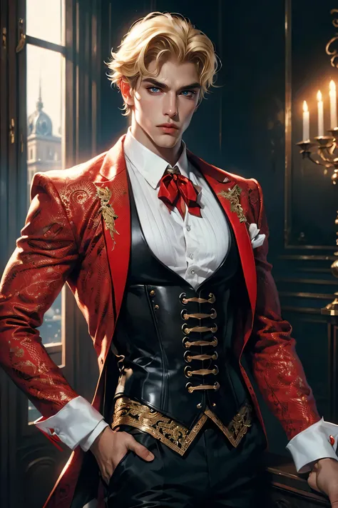 Best quality, masterpiece, very detailed, HD, gorgeous man, short blonde hair, (solo), realistic, sexy physique, movie, Parisian man, dapper man, (male focus), lace-up corset, pants, cane, costume party, 8k