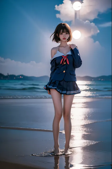 kato megumi,1girl, school uniform, katou megumi, solo, cosplay,short hair, bob cut, jacket, blunt bangs,serafuku,socks  ,,((full body, from below)), (masterpiece, best quality, ultra-detailed, 8k), realistic, a beautiful sexy long-legged model on a tropica...