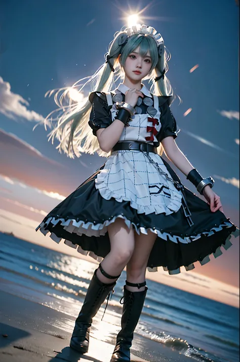 corin cosplay costume,corin,cosplay,long hair,green hair,twintails,hair ornament,maid,dress,frilled dress,frills,apron,maid apron,maid headdress,puffy short sleeves,belt,chain,wrist cuffs,cuffs,handcuffs,ribbon,boots,knee boots ,,((full body, from below)),...