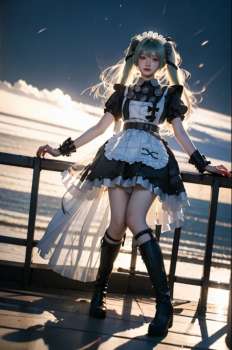 corin cosplay costume,corin,cosplay,long hair,green hair,twintails,hair ornament,maid,dress,frilled dress,frills,apron,maid apron,maid headdress,puffy short sleeves,belt,chain,wrist cuffs,cuffs,handcuffs,ribbon,boots,knee boots ,,((full body, from below)),...