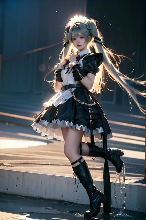 corin cosplay costume,corin,cosplay,long hair,green hair,twintails,hair ornament,maid,dress,frilled dress,frills,apron,maid apron,maid headdress,puffy short sleeves,belt,chain,wrist cuffs,cuffs,handcuffs,ribbon,boots,knee boots ,,((full body, from below)),...