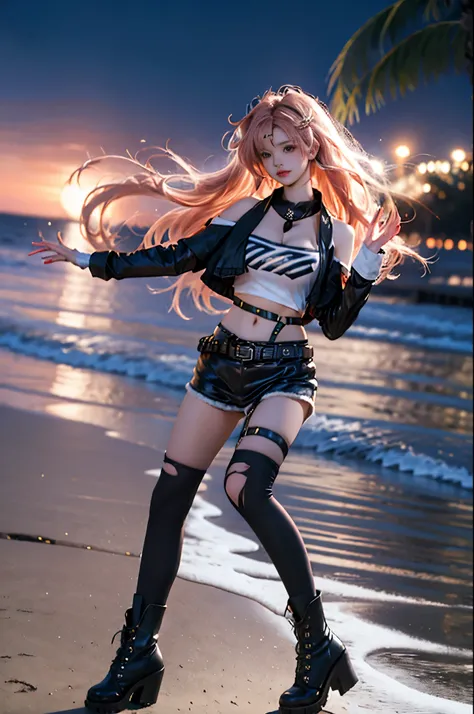 nicole cosplay costume,cosplay,long hair,pink hair,cropped jacket,print crop top,shorts,long sleeves,shoulder cutout,belt,thigh strap,ribbon,hair ribbon,hairclip,hair ornament,two side up,asymmetrical legwear,single sock,single thighhigh,torn legwear,boots...