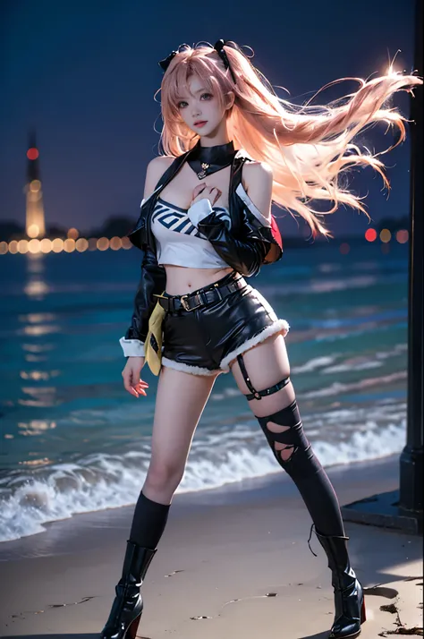 nicole cosplay costume,cosplay,long hair,pink hair,cropped jacket,print crop top,shorts,long sleeves,shoulder cutout,belt,thigh strap,ribbon,hair ribbon,hairclip,hair ornament,two side up,asymmetrical legwear,single sock,single thighhigh,torn legwear,boots...