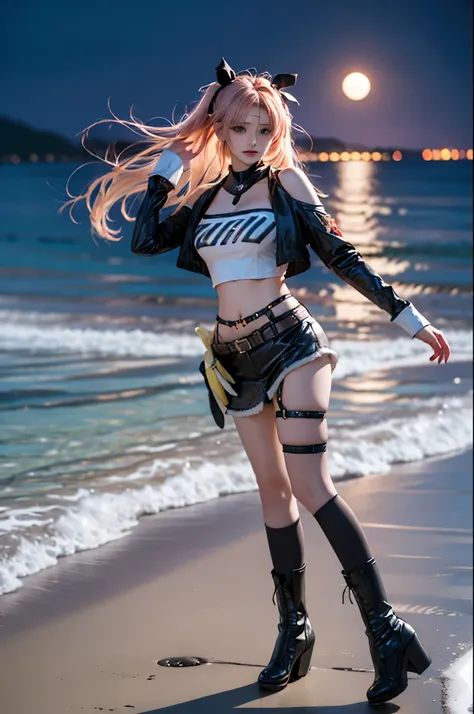 nicole cosplay costume,cosplay,long hair,pink hair,cropped jacket,print crop top,shorts,long sleeves,shoulder cutout,belt,thigh strap,ribbon,hair ribbon,hairclip,hair ornament,two side up,asymmetrical legwear,single sock,single thighhigh,torn legwear,boots...