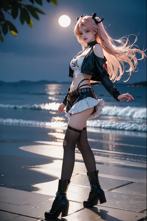 nicole cosplay costume,cosplay,long hair,pink hair,cropped jacket,print crop top,shorts,long sleeves,shoulder cutout,belt,thigh strap,ribbon,hair ribbon,hairclip,hair ornament,two side up,asymmetrical legwear,single sock,single thighhigh,torn legwear,boots...