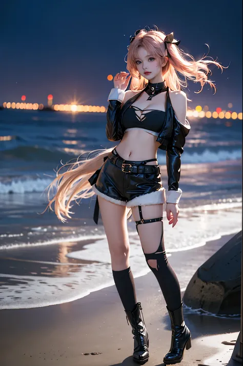 nicole cosplay costume,cosplay,long hair,pink hair,cropped jacket,print crop top,shorts,long sleeves,shoulder cutout,belt,thigh strap,ribbon,hair ribbon,hairclip,hair ornament,two side up,asymmetrical legwear,single sock,single thighhigh,torn legwear,boots...
