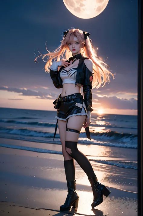 nicole cosplay costume,cosplay,long hair,pink hair,cropped jacket,print crop top,shorts,long sleeves,shoulder cutout,belt,thigh strap,ribbon,hair ribbon,hairclip,hair ornament,two side up,asymmetrical legwear,single sock,single thighhigh,torn legwear,boots...