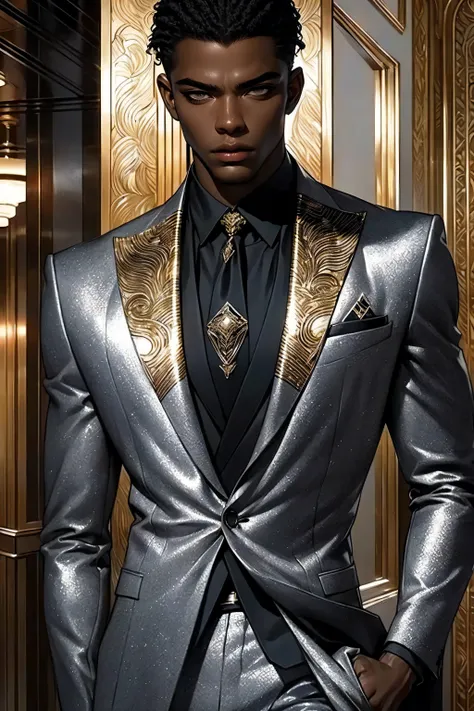 Best quality, masterpiece, very detailed, semi-realistic, HD, gorgeous African man, dark hair, dark eyes, (solo), highly detailed textures, sexy body, movie style, (male focus), standing in a hotel lobby, (male focus), wearing a black suit, silver tie, det...