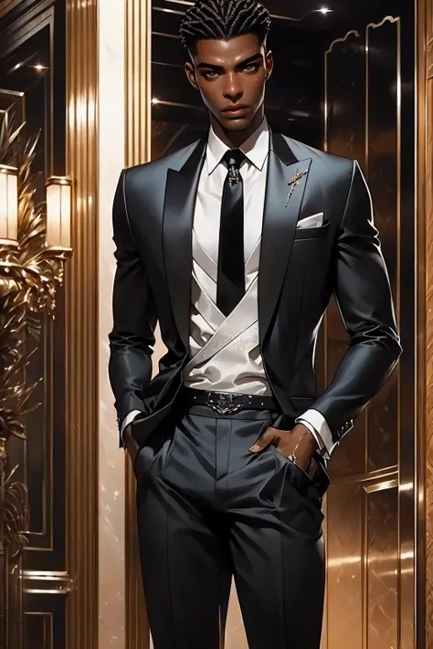 Best quality, masterpiece, very detailed, semi-realistic, HD, gorgeous African man, dark hair, dark eyes, (solo), highly detailed textures, sexy body, movie style, (male focus), standing in a hotel lobby, (male focus), wearing a black suit, silver tie, det...
