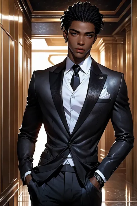 Best quality, masterpiece, very detailed, semi-realistic, HD, gorgeous African man, dark hair, dark eyes, (solo), highly detailed textures, sexy body, movie style, (male focus), standing in a hotel lobby, (male focus), wearing a black suit, silver tie, det...