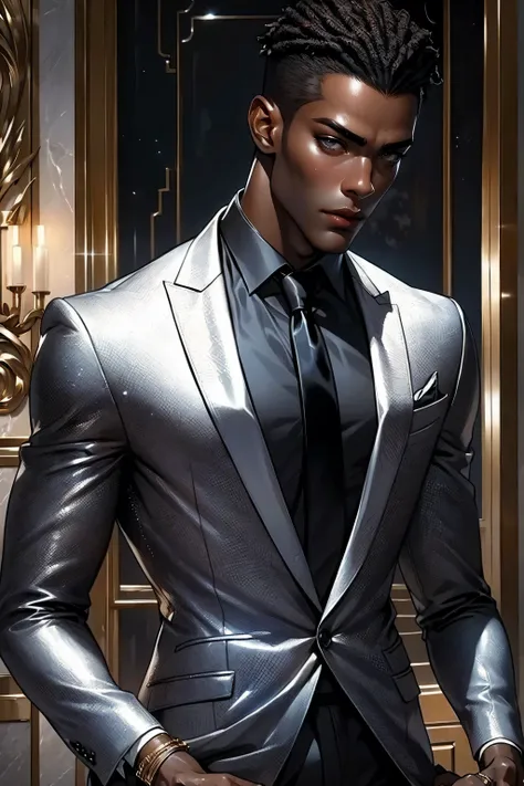 Best quality, masterpiece, very detailed, semi-realistic, HD, gorgeous African man, dark hair, dark eyes, (solo), highly detailed textures, sexy body, movie style, (male focus), standing in a hotel lobby, (male focus), wearing a black suit, silver tie, det...