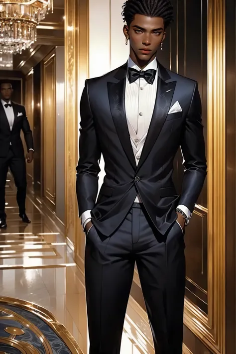 Best quality, masterpiece, very detailed, semi-realistic, HD, gorgeous African man, dark hair, dark eyes, (solo), highly detailed textures, sexy body, movie style, (male focus), standing in a hotel lobby, (male focus), wearing a black suit, silver tie, det...