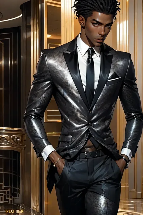 Best quality, masterpiece, very detailed, semi-realistic, HD, gorgeous African man, dark hair, dark eyes, (solo), highly detailed textures, sexy body, movie style, (male focus), standing in a hotel lobby, (male focus), wearing a black suit, silver tie, det...