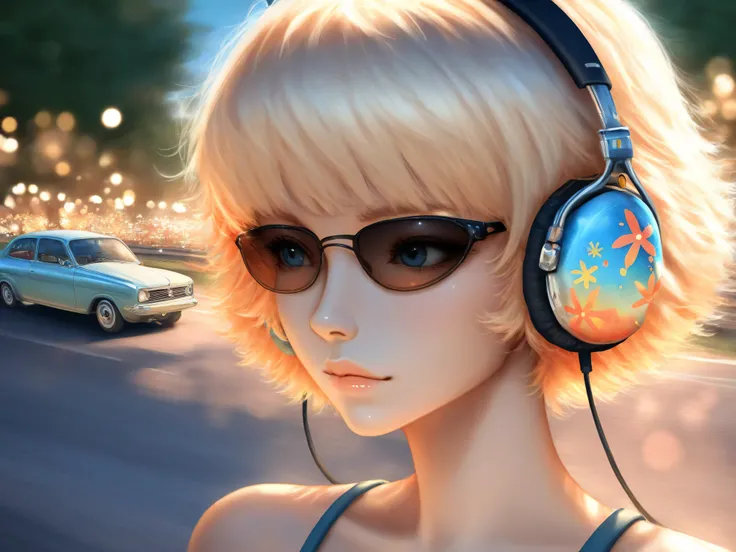 womanhood, Blonde, sunglasses in the early summer sun, Headphones on , Wearing, 4K, Realistic, depict even the smallest details, Professional, vivid colors, bokeh, Natural Light, outdoor scenery, road, car, Portrait