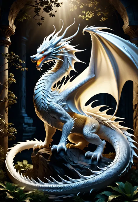 best quality, a stunning artwork of a beautiful white dragon, intricately detailed, (best shadow), elegant, volumetric lighting