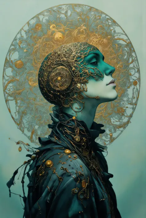 Ethereal minimalist Alien race cybergoth fashion photography painting, in the style of teal and gold, use of palette knives, waist-high portrait, intricate, sharp_focus, concept_art, background zentangle fog.