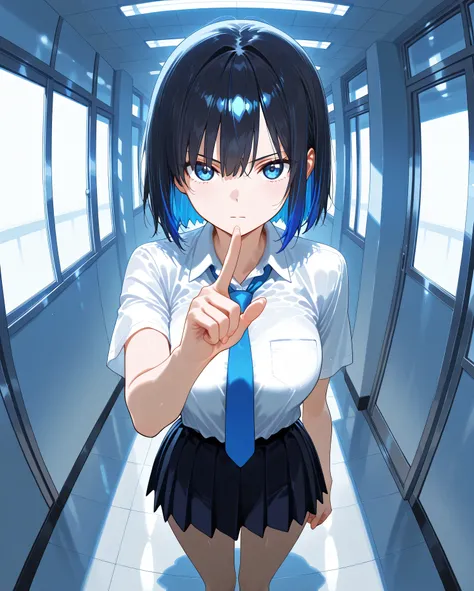 masterpiece, best quality, amazing quality, anime screencap, 1girl, solo, short black hair with a bluish tint and inner blue highlights, deep blue eyes, school uniform with blue necktie, serious and cool expression, stylish pose, low-angle fisheye perspect...