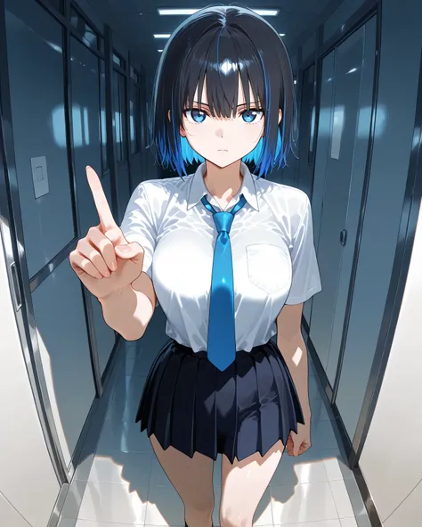 masterpiece, best quality, amazing quality, anime screencap, 1girl, solo, short black hair with a bluish tint and inner blue highlights, deep blue eyes, school uniform with blue necktie, serious and cool expression, stylish pose, low-angle fisheye perspect...