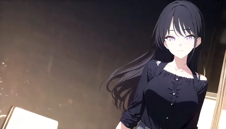 masterpiece, best quality, solo, 1girl, mature, black hair, long hair, lavender eye, small to medium breast, casual outfit, standing, looking at viewer, innocent gaze, sincere smiling, composed, reserved, pitch black background only