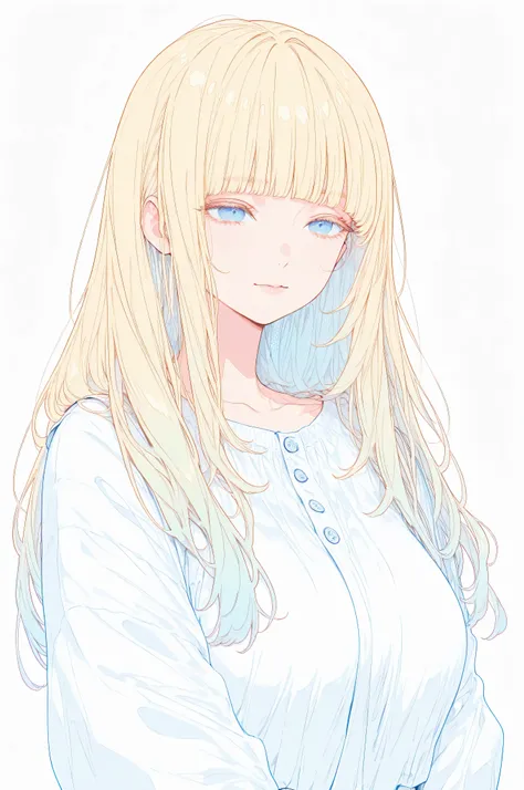 manimani,simple background,screentones, colorful,lineart,natural shadows,,pure white background,vivid,,long blond hair, blue eyes,mature, busty,hime cut ,street fashion,adult