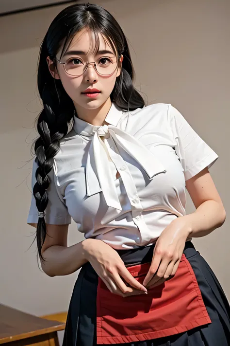 top quality, stay focused, Rembrandt's Light/Dark Method, super high resolution, (photorealistic:1.4), RAW photo, ((Female Student Seduces Teacher)),Holding glasses with both hands、
1 Japanese girl, solos,  braids, Babyface, cute, (pupil,   輝くpupil), Red c...
