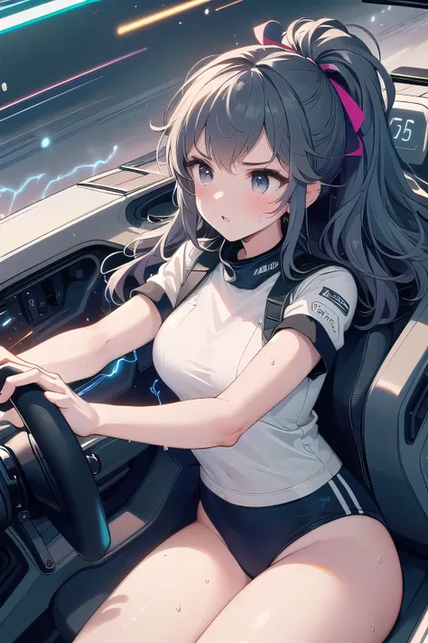 (((masterpiece))), (((best quality))), (((from front))), ((driving a formula racing)), ((fingers on steering wheel)), sitting on driver's seat, sharp eyes,  wearing black gymnastics bloomers, high leg ,white blouse (((speed lines))), ((electricity)), ((neo...