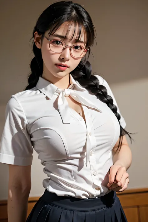 top quality, stay focused, Rembrandt's Light/Dark Method, super high resolution, (photorealistic:1.4), RAW photo, ((Female Student Seduces Teacher)),Holding glasses with both hands、
1 Japanese girl, solos,  braids, Babyface, cute, (pupil,   輝くpupil), Red c...