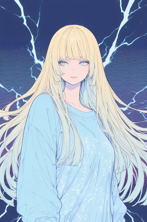 manimani,simple background,screentones, colorful,lineart,natural shadows, fantastic background,vivid,,long blond hair, blue eyes,mature, busty,hime cut ,street fashion,adult,thunder,mysterious,blue lightning