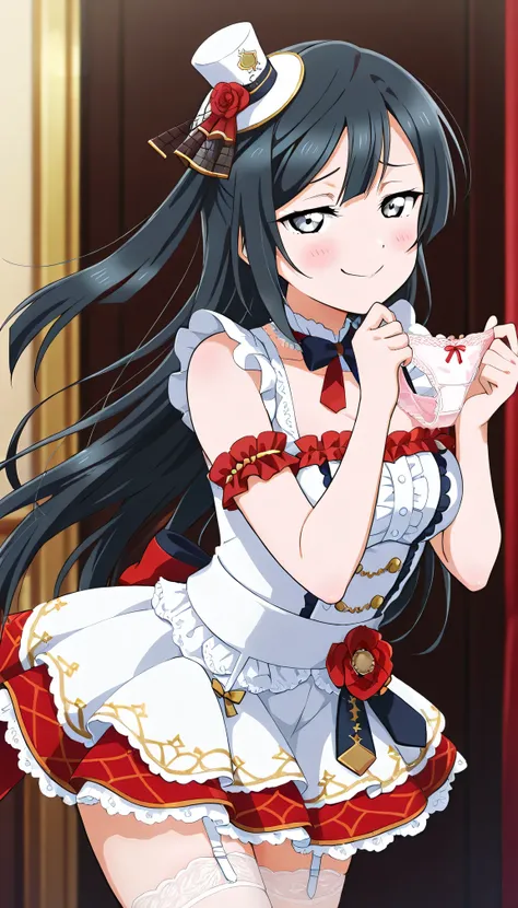 An image of Yuki Setsuna , flushed, Smug face,mini top hat, open neckline, short foldable white tights skirt with lace and garter belt, holding and kissing the panties with both hands 