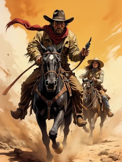 A hardened outlaw with a scarf,rides through a dusty desert on a black horse. His eyes are sharp and alert, scanning the horizon for danger. The wind whips at his tattered cloak, while he is holding a revolver in one hand, Behind him is a woman in a cowboy...