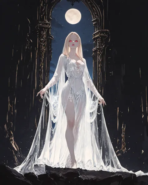 dark fantasy art, a picture of a fantasy, a beautiful vampire queen, beautiful face, full body view,  pale skin, blond hair, glowing eyes, red eyes, wearing white dress, transparent voile fabric dress, goth dress, small cleavage, intricate dress, it is nig...