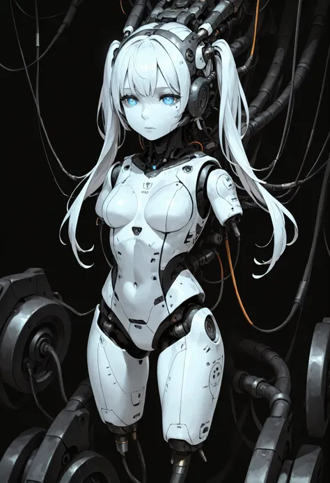 1girl, solo, white hair, long hair, twintails hair, android, cable, Machinery Parts, blue eyes, white skin, white bodysuit, Adjutant, robot, front shots, thighs, amputee arms, amputee legs, 