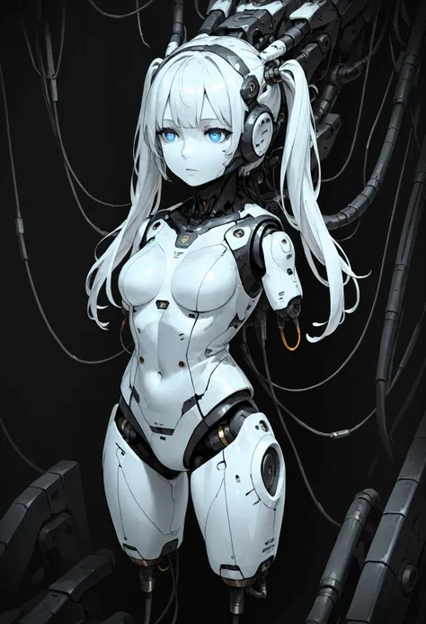 1girl, solo, white hair, long hair, twintails hair, android, cable, Machinery Parts, blue eyes, white skin, white bodysuit, Adjutant, robot, front shots, thighs, amputee arms, amputee legs, 