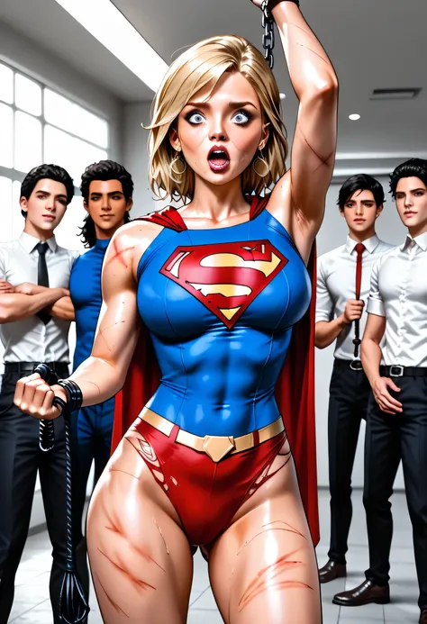 (((Superheroína Supergirl sexy milf, corpo todo sujo, Body full of bruises,  cabelo loiro, cabelo longo))), ((Superheroine Supergirl)), Melhor qualidade, incredible quality, (luz roxa acima:1.2), adult female, very aesthetic, intricate details, depth of fi...