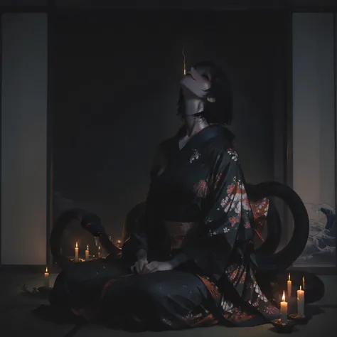 A terrifying Rokurokubi, a legendary yokai from Japanese folklore, depicted as a beautiful woman in a traditional kimono, sitting alone in a dark Japanese tatami room at night. Her extremely long, serpent-like neck stretches unnaturally through the air, wi...