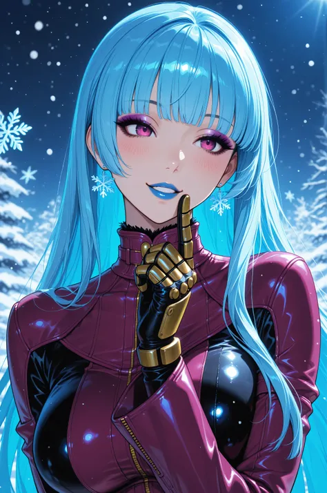 masterpiece, best quality, absurdres, newest, very aesthetic, amazing quality,highres, solo, Kula Diamond \(king of fighters\), blue hair, hime cut, purple eyes, gloves, (1girl), (detailed face:1.2), (detailed eyes:1.3), black eyeliner,purple eyeshadow, bl...