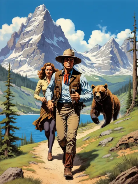 Mountain Ranger with typical American ranger clothes runs with a woman, of his partner in skirt and blouse, through the Rock yMountains, a lake and trees,You are looking at the viewer,A big grizzly bear is chasing her in the background