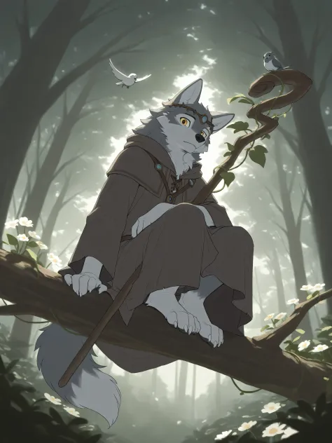 full body, body, male, furry male, solo, young, muscle,grey wolf druid, Druidic Robes, Wooden Staff with leaf/vine motif,forest,western medieval, druid, wolf, grey fur, furry, wolf ears, wooden branch circlet,Tail, from below, bleary eye,have a rest,sittin...