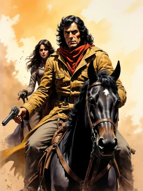 A hardened outlaw with a scarf, rides through a dusty desert on a black horse. His eyes are sharp and alert, scanning the horizon for danger. The wind whips at his tattered cloak, while he is holding a revolver in one hand, His partner in cowgirl outfit ri...
