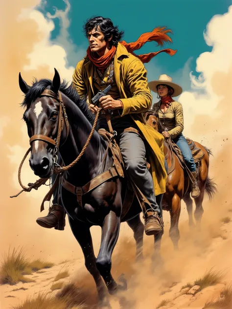 A hardened outlaw with a scarf, rides through a dusty desert on a black horse. His eyes are sharp and alert, scanning the horizon for danger. The wind whips at his tattered cloak, while he is holding a revolver in one hand, His partner in cowgirl outfit ri...