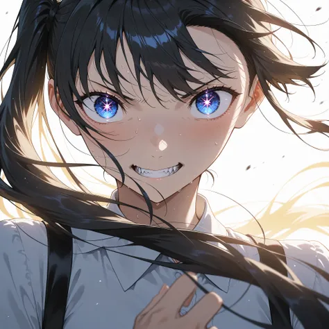 girl with a side ponytail, her eyes full of mysterious light, dramatic lighting, focus gaze, Dynamic Poses, long hair, Soft wind hitting her hair, anime style, Super Detailed, sharp face, tense atmosphere, upper body close-up, cinematic composition, a fain...