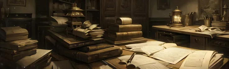 Victorian,  ink, pen, desk, papers, books , letters, 1800s, dark,  oil lamp, poverty, poor