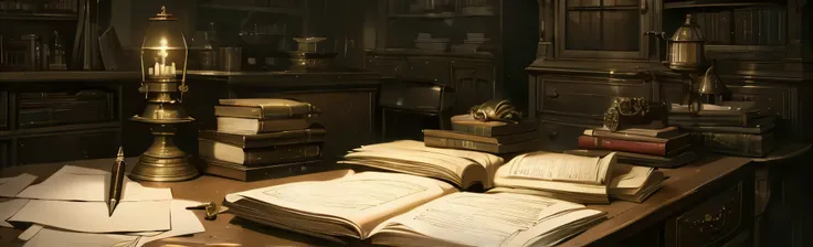 Victorian,  ink, pen, desk, papers, books , letters, 1800s, dark,  oil lamp, poverty, poor
