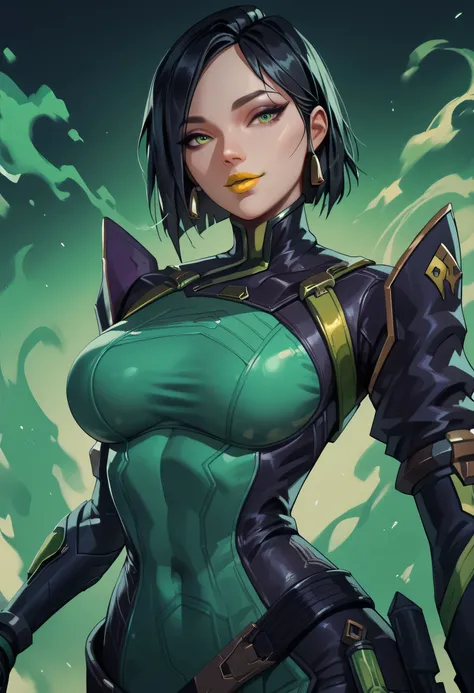 woman, big breasts, anime style, yellow lipstick, black hair, short hair, laboratory, white skin, green eyes, thin waist, technological suit, green smoke, dark environment, focus on the character, looking at the viewer, sensual smile, Viper (Valorant)