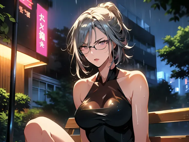 nsfw、animation、Highest image quality、high resolution、highest masterpiece、one woman、(((Sitting with her upper body raised)))、(((The moment I take off my glasses)))、silver hair、long hair、ponytail、((( remove the glasses)))、(((pink eyes)))、small breasts、(((sli...