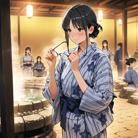  score_9 up the side, score_8_ up the side, score_7_ up the side, Masterpiece, top quality,  source animation,  photorealistic,  super real, 8k,super detailed,  extremely detailed,BRAKE Kiri Mikage、bun hair ,black hair ,black eyes ,glasses ,Ryokan Yukata ,...
