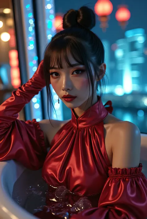 Super beautiful Japanese woman, villainess, closed mouth, condescending gaze, staring at the viewer, makeup, eyeshadows, eyeliners, long false eyelashes, light red lips, short high ponytail.
((Elegant high-neck dress)), glamorous body, silk armsgloves.
Bat...